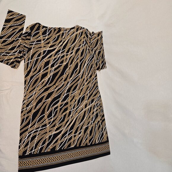 MICHAEL KORS Old Money Black/Gold Chain/Pearl Pattern Border Shift Dress Size L. - Picture 4 of 16